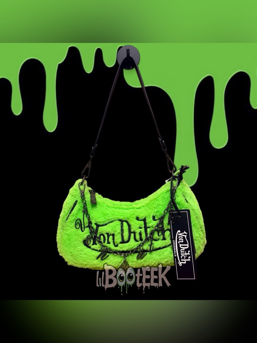 Von Dutch Lime Neon Green Furry Shoulder Bag w Black Logo & Chain NEW VIRAL Y2K